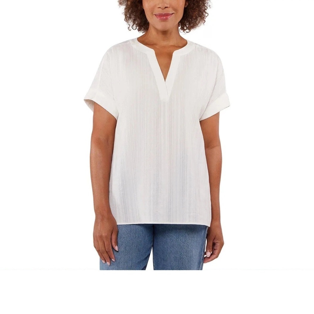 Matty M Ladies' Cotton Popover Top Short Sleeve Tee V-Neck Blouse White Size L